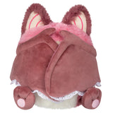 Plush toy resembling a bat with pink accents on a white background
