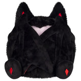 Black plush cat-shaped item with red accents on a white background