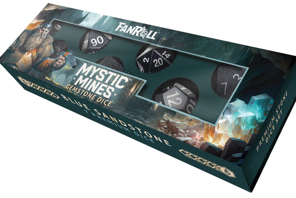 Box of 'Mystic Mines' gemstone dice with graphics and text on a white background