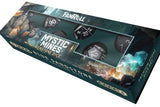 Box of 'Mystic Mines' gemstone dice with graphics and text on a white background