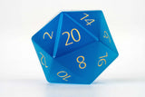 Blue polyhedral dice with yellow numbers on a white background