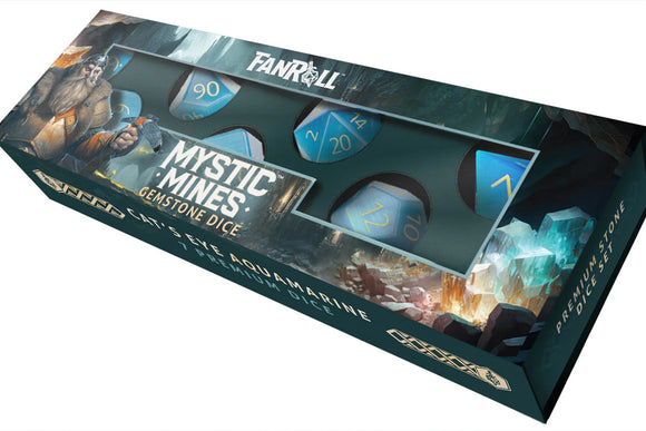 Box of 'Mystic Mines Gemstone Dice' by Fanroll with dice images on a white background