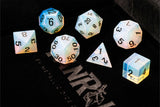Set of dice with glowing numbers on a dark background
