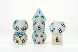 Set of polyhedral dice with blue and white color scheme on a white background