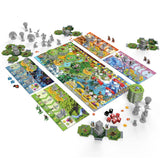 Board game set with various game pieces and boards on a white background