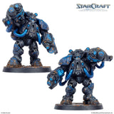 Two futuristic robot figures with blue accents on a white background, featuring the StarCraft logo.