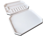 White paint palette with open lid on a white background