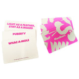 A set of Monikers bowling-themed cards on a plain white background, showing both the back of a card with pink text and the front with a pink and white graphic design.
