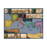 Board game map of Europe with hexagonal tiles and cards on a white background