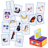 Educational card game with cartoon illustrations and a colorful box on a white background