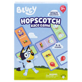Bluey Hopscotch Race Game packaging with cartoon character on a blue background