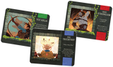 Three fantasy-themed playing cards with characters and text on a white background