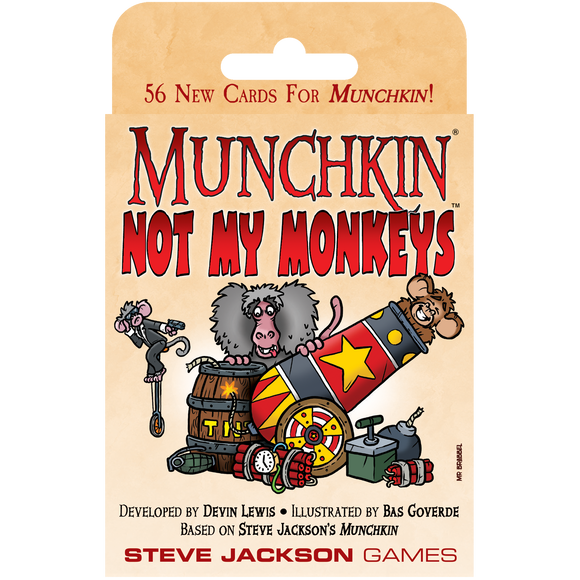 Card game expansion pack for Munchkin titled 'Not My Monkeys' with cartoon monkey characters on a beige background.