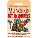 Card game expansion pack for Munchkin titled 'Not My Monkeys' with cartoon monkey characters on a beige background.
