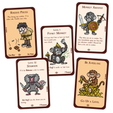 Set of card game cards featuring cartoon monkeys with various attributes and text.