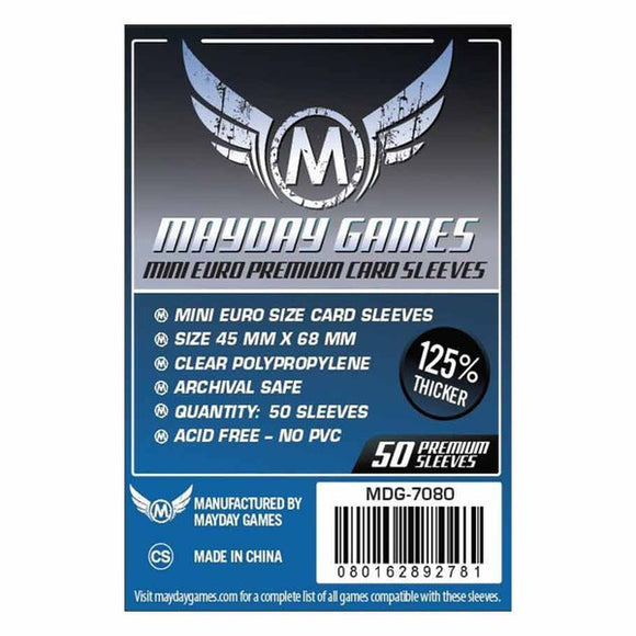 Mayday Games card sleeves packaging with product details on a white background