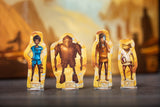 Four transparent figures of animated characters on a textured surface with a blurred background