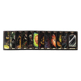 A set of fantasy-themed illustrated cards arranged in a horizontal row on a plain white background. The cards feature dark, dramatic artwork with various characters and scenes, including a green creature, a glowing figure, a skull-like face, and a silver mirror card.