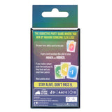 Card game packaging with colorful cards and text on a white background