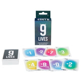 Board game components including cards and a box labeled '9 Lives' on a white background.