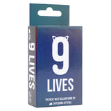 Card game packaging for '9 Lives' by Exploding Kittens on a white background