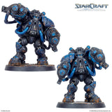 Two metallic robot figures with blue accents on a white background, featuring the StarCraft logo.