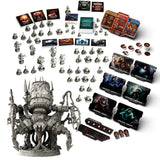 A tabletop product layout of a fantasy tabletop gaming set on a white background, featuring a large gray mechanical monster model, multiple character miniatures, cards, dice, tokens, and terrain tiles.