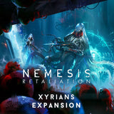 Digital cover art for the board game expansion 'Nemesis Retaliation: Xyrians Expansion', featuring sci-fi Xenomorph-like creatures in a blue, rainy sci-fi environment with white title text.