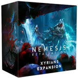 Box for 'Nemesis Retaliation Xyrians Expansion' with fantasy characters and creatures on a dark background.