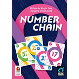 Card game packaging for 'Number Chain' with colorful cards and branding on a blue and pink background.
