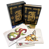 Decorative book with dragon illustrations and a matching box on a white background