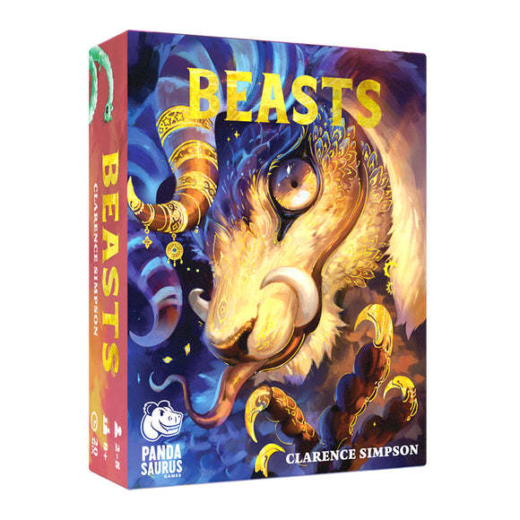 Board game box for 'Beasts' by Panda Saurus Games with a dragon illustration on a white background.