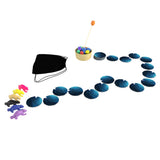 Colorful fishing game set with rods, buckets, and colored balls on a white background