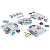 Board game components including cards, dice, and pieces on a white background
