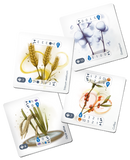 Four playing cards with agricultural-themed illustrations on a white background