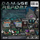 Damage Report game box with various components and text on a dark background