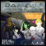 Cover of 'Damage Report' board game with characters in a spaceship, created by Alex Barbieri.