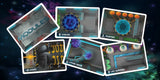 Set of futuristic card game modules with various functions on a cosmic background