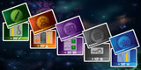 Collection of digital cards with various symbols and text on a space-themed background