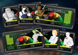 Collection of character cards with various avatars and game elements on a dark background