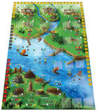 Board game map with various icons and labels on a green and blue background