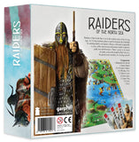 Board game box for ' Raiders of the North Sea' with Viking warrior figure and game components.
