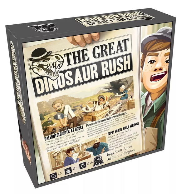 Board game box for 'The Great Dinosaur Rush' with illustrations of paleontologists and a dinosaur skull.