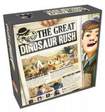Board game box for 'The Great Dinosaur Rush' with illustrations of paleontologists and a dinosaur skull.