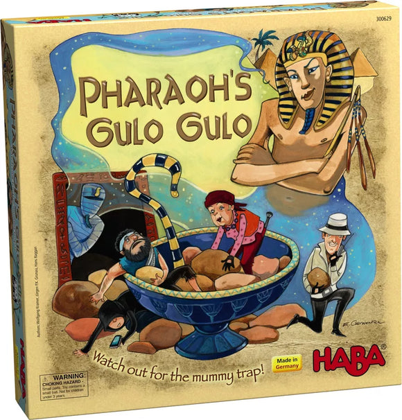 Board game box for 'Pharaoh's Gulo Gulo' with Egyptian-themed illustration and HABA branding.