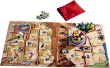 Board game with pieces and a red bag on a white background
