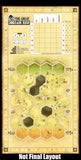 Hexagonal tile layout for a game titled 'The Great Dinosaur Rush' with a scoring chart.
