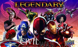 Marvel deck building game cover featuring superhero characters with 'Legendary Civil War' text.