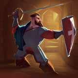 Illustration of a warrior holding a sword and shield in a dimly lit room.
