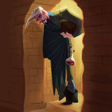 Character in a dark robe holding a potion bottle in a stone chamber